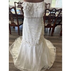 Vintage Oleg Cassini Ivory Lace Mermaid Wedding Dress Size 16 Strapless Beaded